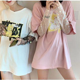 Long-sleeve Polka Dot Mesh Top / Elbow-sleeve Printed T-shirt