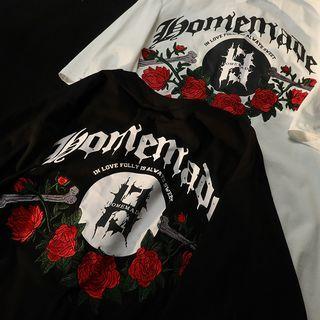 Elbow-sleeve Lettering Rose Print T-shirt
