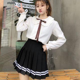 Frilled Peter Pan Collar Blouse / Contrast Trim Mini Pleated Skirt