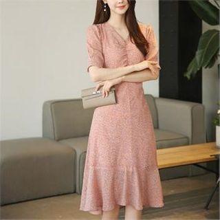 Shirred Ruffled Floral Midi Chiffon Dress