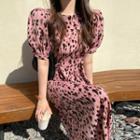 Leopard Print Print Puff-sleeve Chiffon Midi Dress