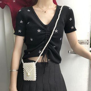 Flower Embroidered Drawstring Short-sleeve T-shirt