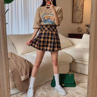 Boxy-pleated Plaid Mini Skirt