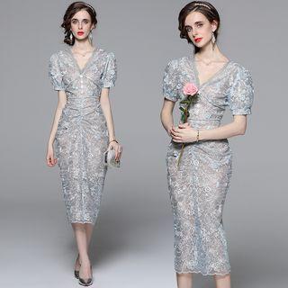 Puff-sleeve V-neck Lace Midi Sheath Dress