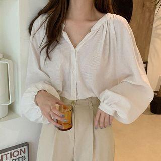 Long-sleeve Buttoned V-neck Blouse Off-white - One Size