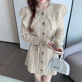 Collared Long-sleeve Twist Knit Dress Beige - One Size