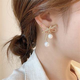 Bow Rhinestone Faux Pearl Earring 1 Pair - S925 Silver Needle Earring - Faux Pearl & Rhinestone - Silver & Gold - One Size