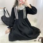 Long-sleeve Lace Trim A-line Dress Black - One Size