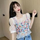Set: Puff-sleeve Mesh Blouse + Sequined Camisole Top Colorful Flowers - White - One Size