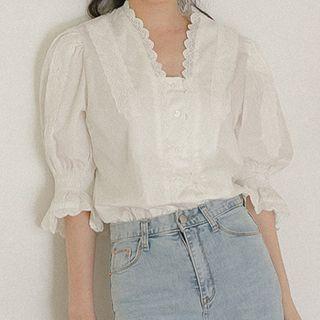 Balloon-sleeve Lace Trim Blouse