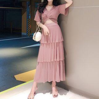 Set: Elbow-sleeve Front Knot Cropped Top + A-line Midi Tiered Skirt