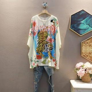 Short-sleeve Tiger Print T-shirt Almond - One Size