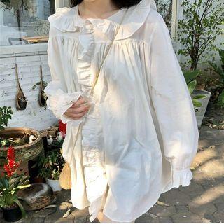 Frilled Long-sleeve Dress White - One Size