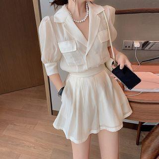 Set: Short-sleeve Plain Sheer Top + High-waist Plain Wide-leg Shorts