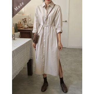 Slit-side Long Shirtdress With Sash Beige - One Size
