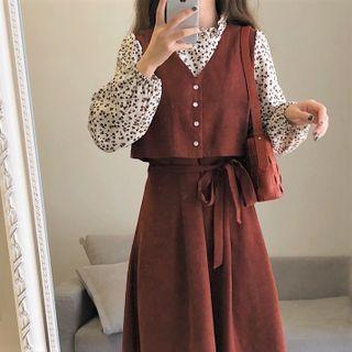 Mock-two Piece Corduroy Floral Dress