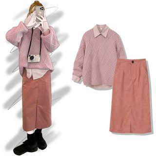 Sweater / Long-sleeve Shirt / Corduroy Midi A-line Skirt