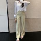 Long-sleeve Plain Shirred Cardigan / Plain Camisole Top / High-waist Plain Wide-leg Pants