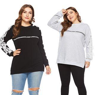 Plus Size Long-sleeve Lace Panel Lettering T-shirt