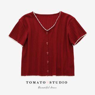 V-neck Two Tone Striped Button-up Knit Cropped Top