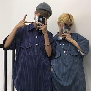 Couple Matching Pinstriped Elbow-sleeve Polo Shirt