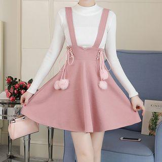 Set: Mock-neck Knit Top + Mini Jumper Skirt