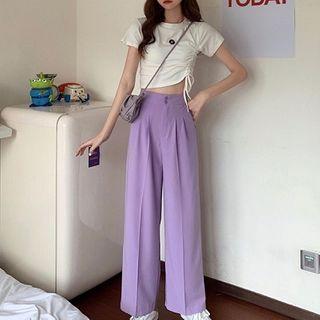 Plain Drawcord Short-sleeve Top / High-waist Wide-leg Pants