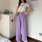 Plain Drawcord Short-sleeve Top / High-waist Wide-leg Pants