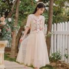 Short-sleeve Pointelle Top / Mesh Midi A-line Skirt