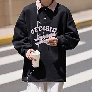 Corduroy Collar Printed Oversized Sweatshirt