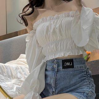 Off-shoulder Ruffle Trim Cropped Top White - One Size