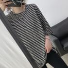 Round-neck Short-sleeve Striped T-shirt Stripes - Black & Grey - One Size