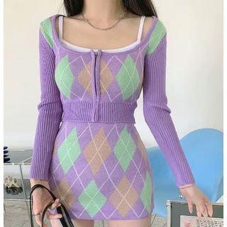 Set: Long Sleeve Argyle Crop Cardigan + Knit Mini Skirt
