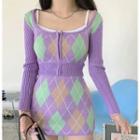 Set: Long Sleeve Argyle Crop Cardigan + Knit Mini Skirt