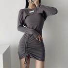 Set: Long-sleeve Crop Top + Spaghetti Strap Drawstring Mini Bodycon Dress