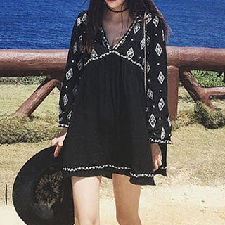 Embroidered V-neck Long Sleeve Dress