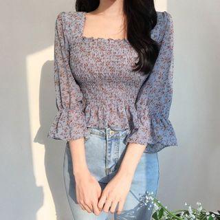 Bell-sleeve Cross Back Shirred Floral Blouse