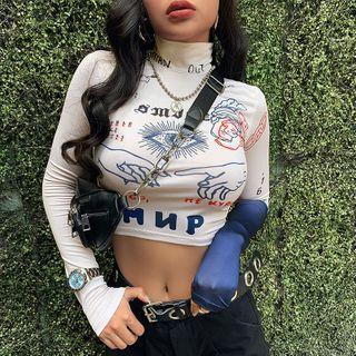 Graphic Print Cropped Turtleneck