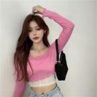 Long-sleeve Cropped Sheer T-shirt Rose Pink - One Size
