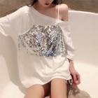 Single-shoulder Sequined-detail Oversize Tee