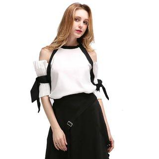 Cold Shoulder Frill-trim Colour-block Blouse White - One Size