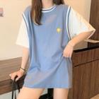 Short-sleeve Mock Two-piece Embroidered T-shirt