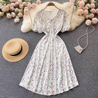 V-neck Puff-sleeve Short-sleeve Floral Dress