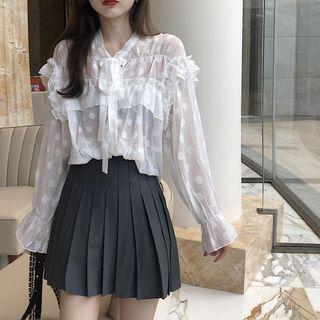 Ruffled Long Sleeve Tie-neck Chiffon Blouse White - One Size
