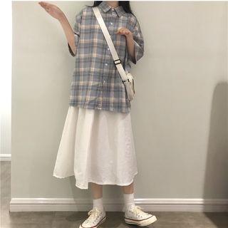 Plaid Elbow-sleeve Shirt / Plain A-line Midi Skirt