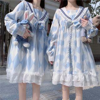 Long-sleeve Printed Sailor Collar A-line Dress