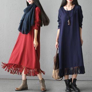 Long-sleeve Fringe Hem Midi A-line Dress