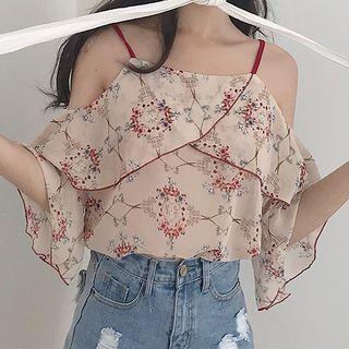 Off-shoulder Floral 3/4-sleeve Chiffon Top As Shown In Figure - One Size
