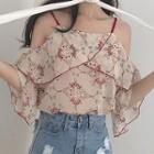 Off-shoulder Floral 3/4-sleeve Chiffon Top As Shown In Figure - One Size