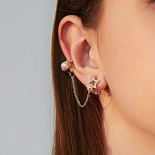 Non-matching Faux Pearl Star Chained Earring 1 Pair - Clip On Earring - One Size